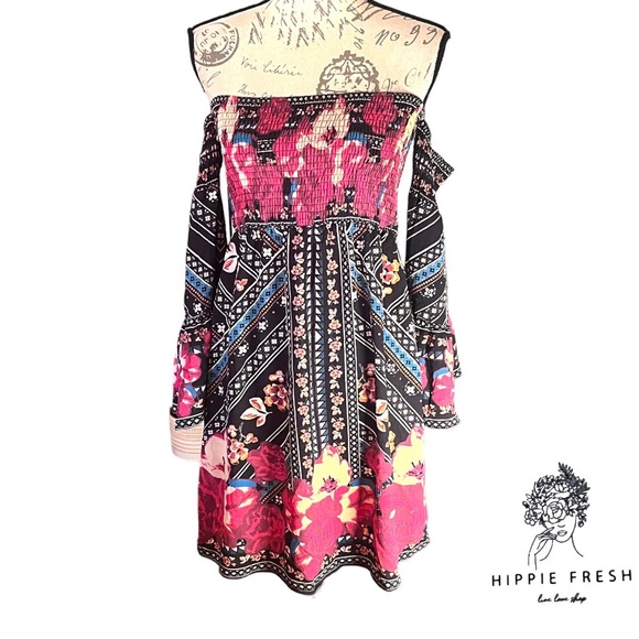 Flying Tomato Floral Off The Shoulders Smocked Bodice Mini Peasant Dress Size M - Picture 6 of 10